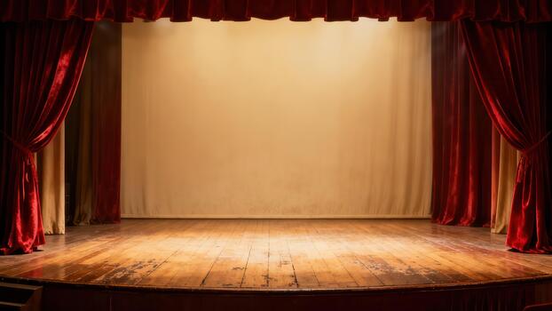 Empty wooden stage is illuminated beneath richly draped velvet curtains photo