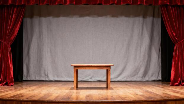 Wooden table rests center stage between dramatic red velvet curtains and a neutral backdrop photo