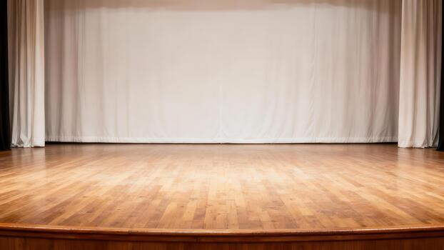 Empty wooden performance stage featuring a closed light colored backdrop curtain photo