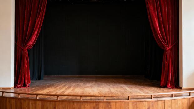 Velvety crimson curtains frame an empty wooden performance platform facing a dark backdrop photo