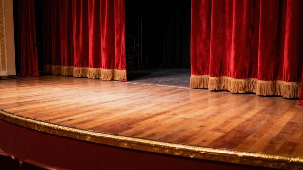 Empty wooden stage features parted lush red velvet curtains before a dark background photo