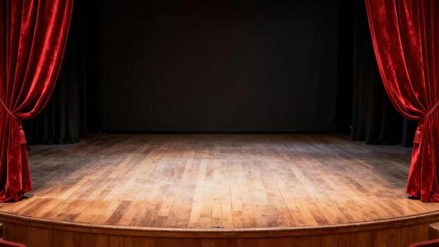 Rich red drapery frames a wooden performance floor ready for presentation photo