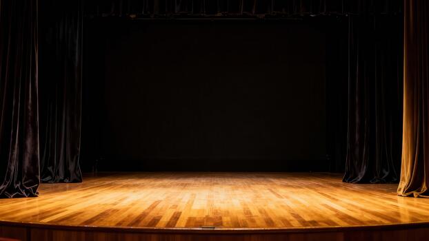 Empty wooden performance stage illuminated with warm light framed by dark drapery photo