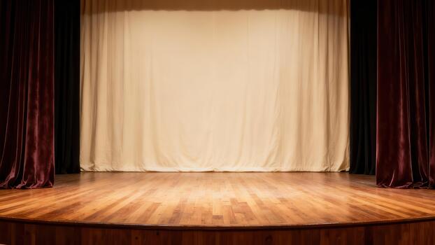 Empty wooden performance stage framed by deep red and light beige draped fabric photo