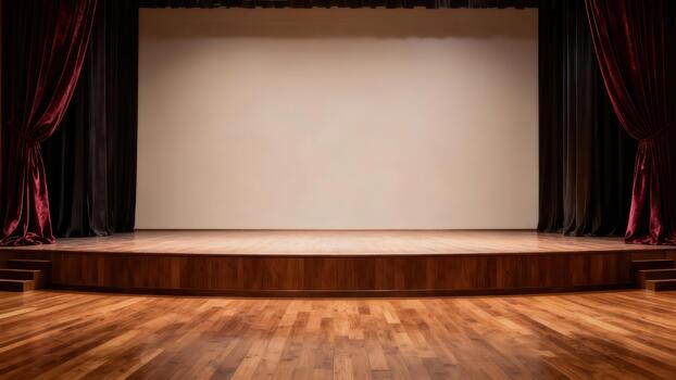 Empty wooden stage with rich drapery framing a large blank backdrop photo