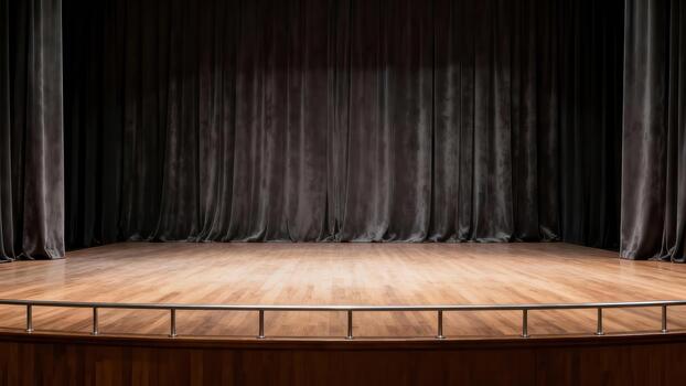 Empty auditorium stage features closed dark drapery and polished wooden flooring photo