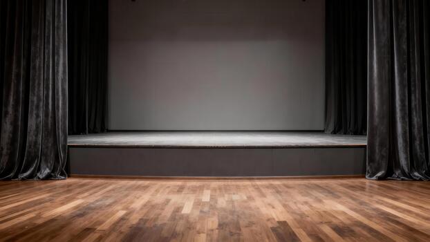 Empty performance space shows raised platform flanked by dark velvet drapery and foreground wooden flooring photo