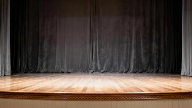 Empty performance venue features polished wooden floor illuminated by warm light beneath dark draping photo