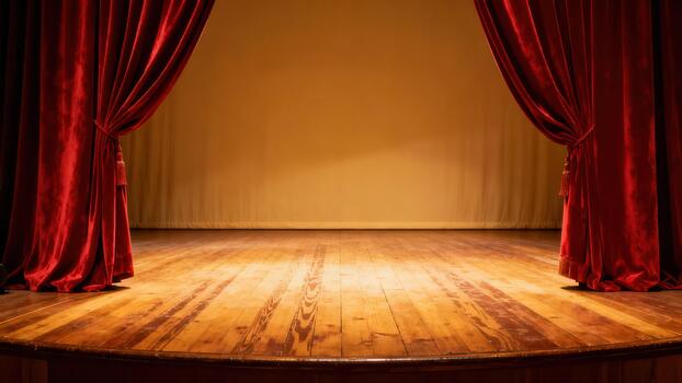 Rich red velvet curtains frame an illuminated wooden performance area photo