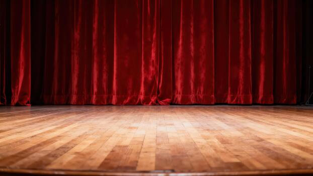 Luxurious crimson drapery hangs above a polished wooden performance platform ready for an event. photo