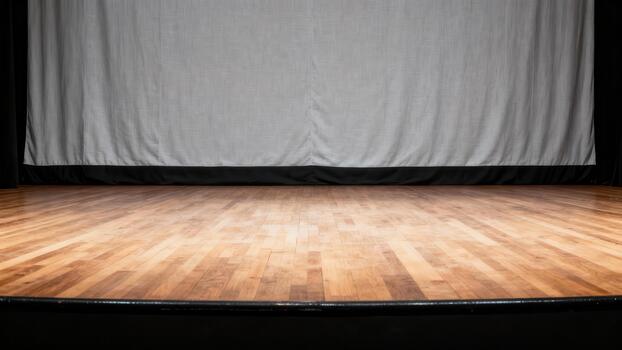 Empty wooden stage facing a large, slightly wrinkled backdrop curtain photo