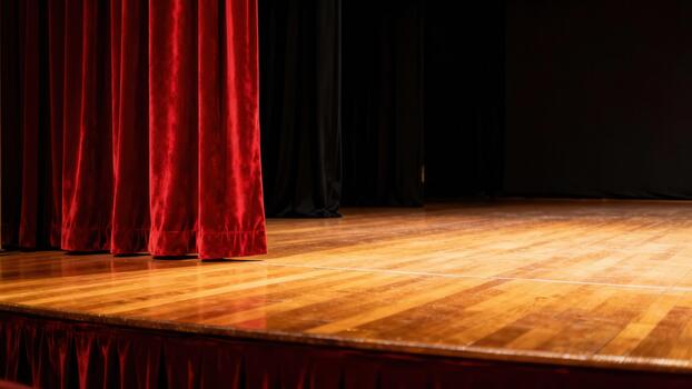 Closed heavy red velvet curtains flank an empty wooden performance area under warm spotlighting photo
