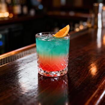 Brightly colored layered tropical beverage rests on a glossy wooden counter in a dimly lit establishment photo