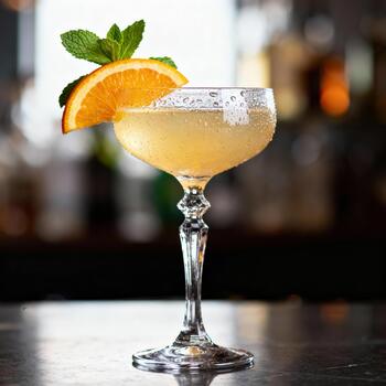 Chilled citrus cocktail garnished with fresh mint and orange slice rests on a dark surface photo