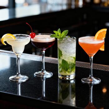 Four elegantly presented mixed alcoholic beverages sit on a dark polished bar top photo