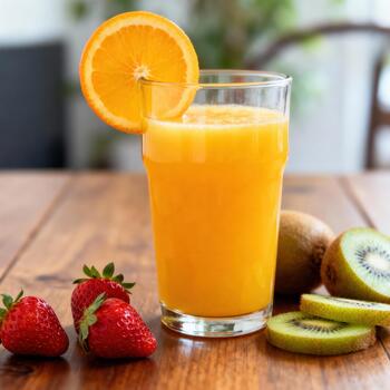 refrescante vaso de recién exprimido agrios bebida adornado con Fruta se sienta en un de madera superficie foto