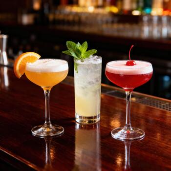 Three colorful prepared alcoholic beverages sit illuminated upon a polished wooden bar surface photo