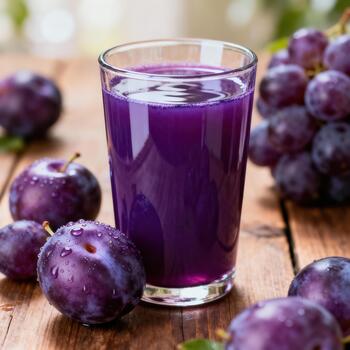 Glass filled with rich purple juice surrounded by fresh plums and grapes on a rustic wooden surface photo