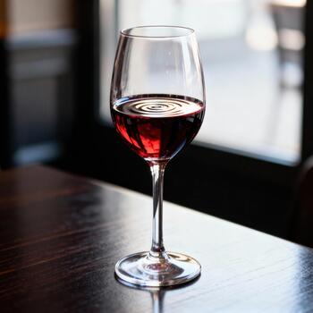 Crystal stemware filled with deep ruby liquid rests upon a dark polished wooden surface near a window photo