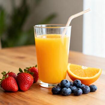 Glass of bright citrus beverage sits beside fresh assorted berries on wooden surface photo