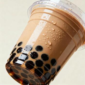 refrescante con hielo Leche bebida con oscuro esférico inclusiones se sienta en un claro el plastico envase. foto