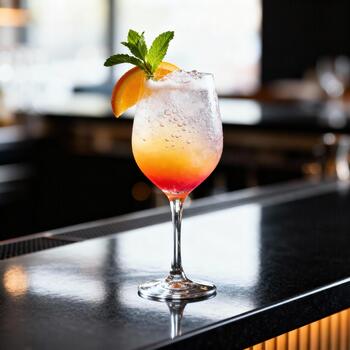 Vibrant layered cocktail garnished with citrus and fresh herb rests on a polished bar surface photo