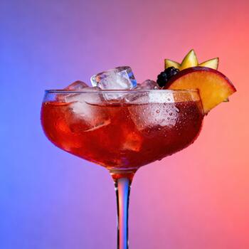 Deep red chilled beverage garnished with fruit rests in a stemmed coupe glass against a vibrant dual-color background photo
