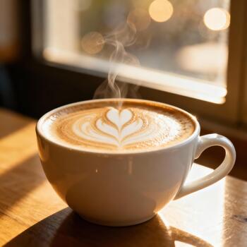 Steaming hot latte with delicate milk foam art rests on a sunlit wooden surface photo
