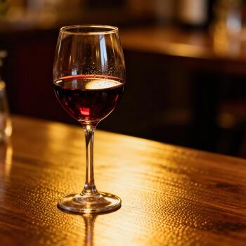 Glass of deep red beverage rests upon a warmly illuminated wooden surface photo