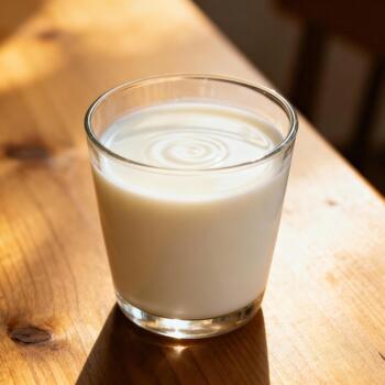 vaso de blanco líquido descansa en un de madera superficie iluminado por calentar luz de sol foto
