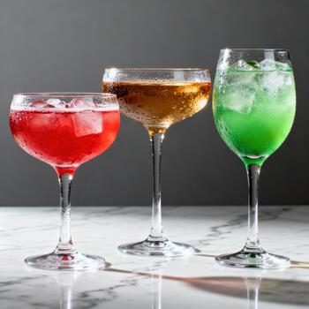 Three chilled glasses containing vibrantly colored beverages sit upon a reflective marble surface photo