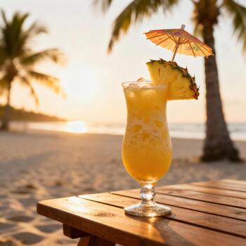 refrescante tropical bebida descansa en un de madera superficie en contra un playa puesta de sol antecedentes foto