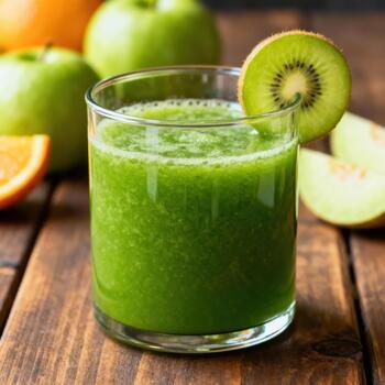 Vibrant green fruit beverage rests on a rustic wooden surface surrounded by fresh produce. photo