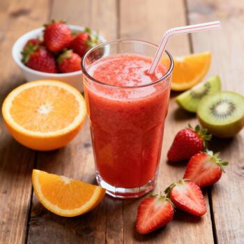 refrescante mezclado Fruta bebida se sienta rodeado por Fresco fresas, naranjas, y kiwi rebanadas en un rústico de madera superficie. foto