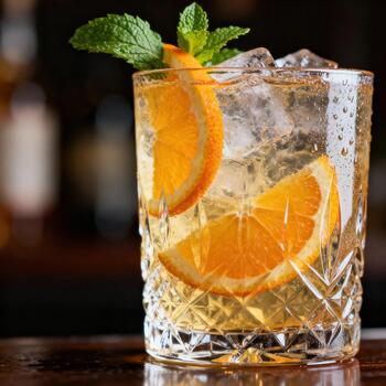 refrescante con hielo bebida adornado con agrios rebanadas y Fresco menta descansa sobre un oscuro de madera superficie. foto