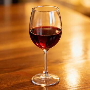 vaso lleno con profundo rojo bebida descansa en un pulido de madera superficie con suave Encendiendo foto