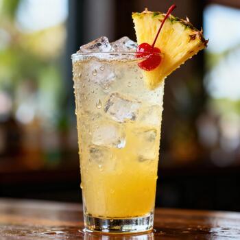 Refreshing golden beverage filled with ice cubes stands tall garnished with tropical fruit and a deep red cherry photo