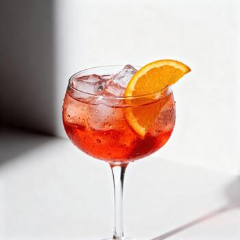 Chilled crimson beverage with ice cubes and fresh citrus slice sits against bright background photo