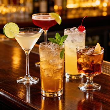 surtido de cinco enfriado, vistoso mezclado bebidas descansa sobre un lustroso de madera bar superficie foto