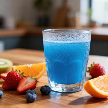 refrescante azul bebida servido junto a clasificado Fresco verano frutas en un de madera mostrador foto