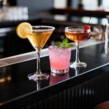 Three colorful alcoholic beverages are displayed neatly on a dark bar counter. photo