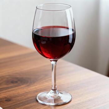 Single glass filled with deep red beverage rests upon a polished wooden surface photo