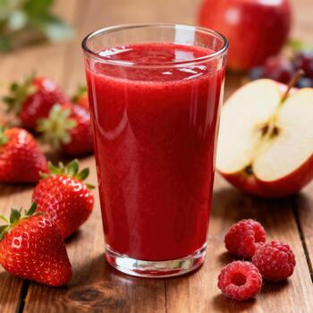 Tall glass filled with vibrant red fruit beverage surrounded by fresh berries and sliced photo