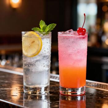 dos alto lentes conteniendo refrescante, enfriado bebidas sentar lado por lado en un oscuro, reflexivo superficie foto