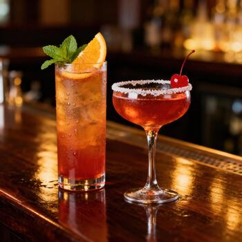 Two elaborately garnished mixed drinks rest upon a polished wooden bar surface photo