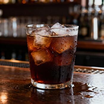 refrescante oscuro bebida con hielo cubitos se sienta en un tenuemente iluminado de madera bar mostrador foto