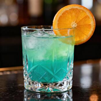 vibrante azul y verde en capas mezclado bebida descansa en un oscuro reflexivo superficie con un naranja rebanada adornar foto