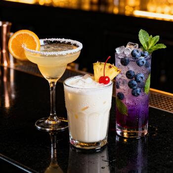 Assortment of three colorful chilled alcoholic beverages sits on a dark polished bar surface. photo