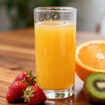 alto vaso lleno con frío agrios bebida soportes siguiente a Fresco clasificado Fruta en de madera superficie foto