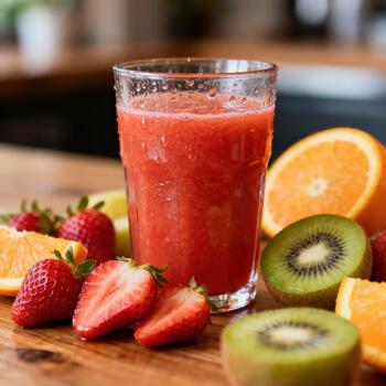 Chilled red fruit beverage displays condensation droplets surrounded by fresh citrus and berries on a wooden surface photo